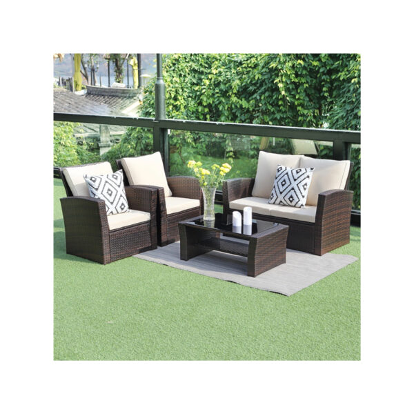 5 Piece Patio Rattan Furniture Set - Mix Brown with Beige Cushions